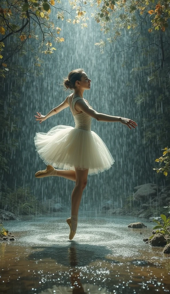still from the film, a ballerina in a white satin dress dances in the rain on an asphalt road near a lamppost, genre - drama, weather - rain, day, faded colors of a rainy day, wet, cinematic treatment, A high resolution, focus on the ballerina, granularity
