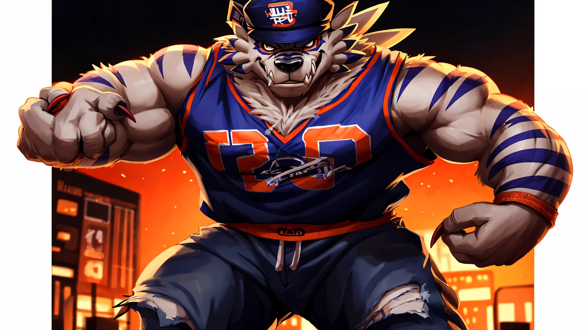 Garurumon,garurumon,digimon,,werewolf,male,aldult,alone, Solo, 4K,best quality,whole body, standing in a baddass pose.,Show arms muscles, (muscular, Athletic body:1.0), biceps, 弯曲biceps, anatomically correct,Delicate fur,pride,soft shadow, evil, crazy, maniac. (Detailed face, delicate eyes:1.1),Sharp eyes, (navy blue loose-fit knicks Ny basketball jersey):1.5 (black cap turned backward:1.5), (baggy long jeans):1.5. strong, Evil face, sharp teeth, flexing biceps. Rapper, 90s hip hop style, Ganster, urban. (Rapper thug urban americanganster outfit:1.5) blue torn baggy jeans,White skull pattern on jersey chest. Smiles evily ,Strong,mature,Dark street background,Claws. (Loose-fit clothes:1.0), (Bara: 1.1), (White eyes: 1.1), (black fur):1.5. (disheveled fur):1.5. (Rapper ganster thug outfit):1.5. (Detailed black backwards New Era cap:1.0) (detailed loose fit NBA football jersey):1.0 (New York Knicks jersey clothing)