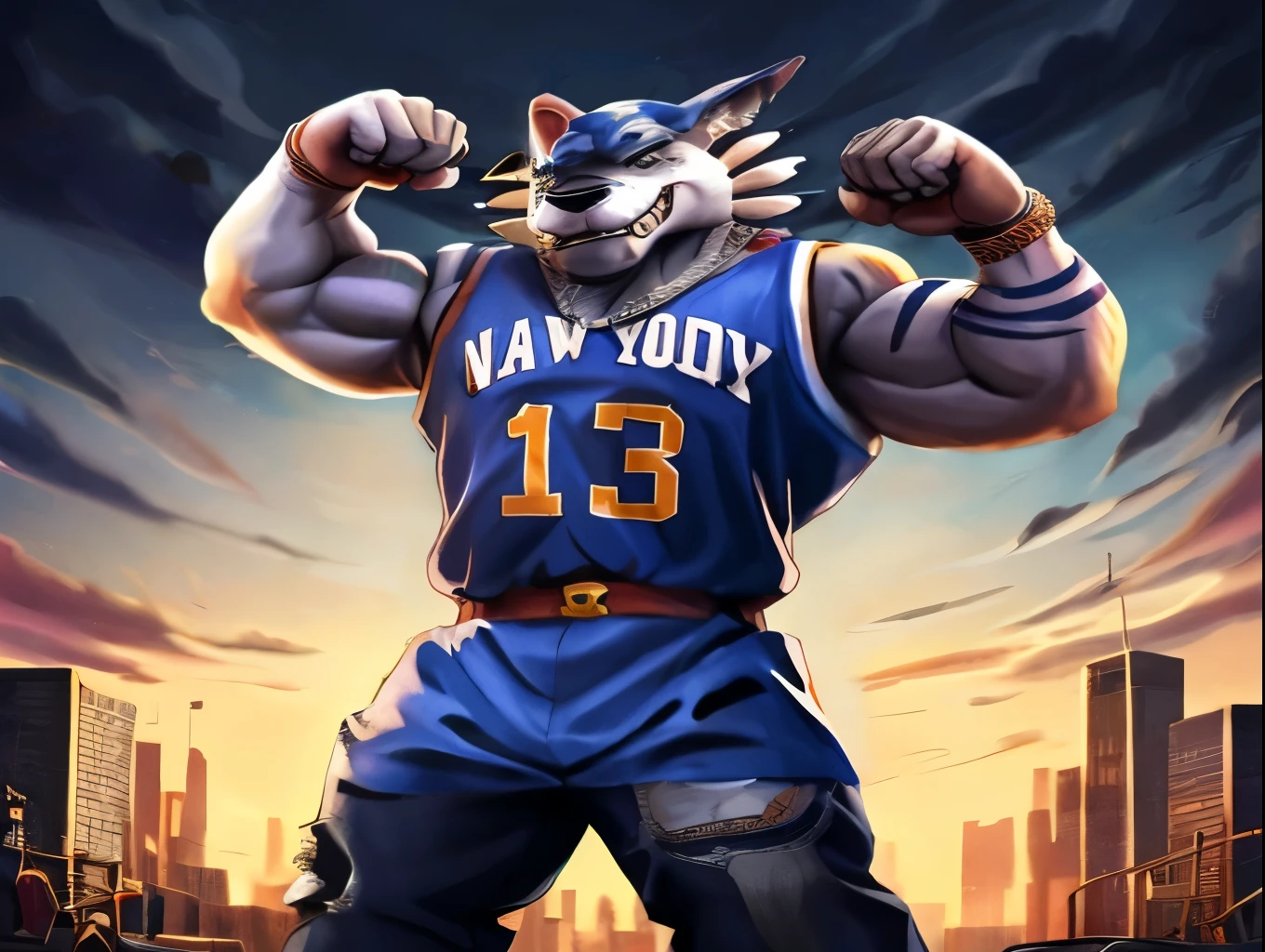 original loose fitting large official basketball jersey, long size, wrinkled, color navy blue,  with letters New York and the number 13. 