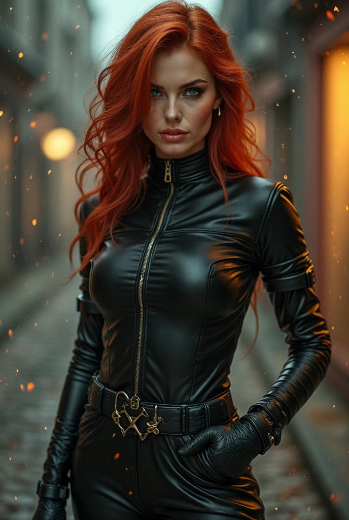 photorealism, full body, a beautiful MARGOT ROBBIE with crimson hair, leather down jacket & latex pants, leather choker, beautiful realistic eyes; fantastic face, beautiful look, warm dreamy lighting, white background, volumetric lighting, Alaskan resort landscape sunset background, pulp adventure style, fluid acrylic, dynamic gradients, vivid color, highly detailed, simple, smooth and clean, smooth, character design, 3d shading, cinematic, ornate patterns, elegant organic framing, hyperrealism, posterized, collection of masterpieces, lush vivid colors, twilight, wet gouache