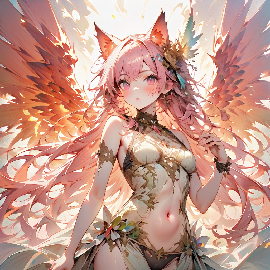 Japanesse beautifull girl, pink & brown hairadd high definition_detail:1, blue fur,kitsune ears, tribal tattoo add_detail:1, in hell add_detail, barefoot, the same, giant black feather wings add_detail:1 ,alas hermosas la mejor calidad y detail en las flumas, blue saturation light, ( black blouse navel, black navel skirt))