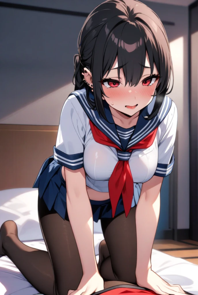 NSFW:1.3. Navy blue short-sleeved sailor suit:1.9. Dark blue uniform pleated skirt:1.9 Ponytail White Panties:1.3 Sex:1.9. Anime drawings with vivid colors: Tall women:1.9 Standing posture: Spread your legs wide:1.3 Sweat, breasts, buttocks, troubled face, glaring, wrinkled brows, flushed cheeks, night:1.3 Apartment bedroom, white sheets, short black hair, ponytail:1.9 Straight hair, bangs swept to the side:1.9. Slanted eyes, brown eyes, tall, big breasts, strong-willed, beautiful