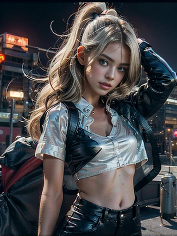 (Best Quality)), (Masterpiece)), (Details:1.4), 3D, Images of exotic young women with beautiful dark skin, HDR (High Dynamic Range), Denim jacket and casual leggings fashion, Ray Tracing, NVIDIA RTX,Super Resolution, Unreal 5 , Subsurface Scattering, PBR Texturing, Post Processing, Anisotropic filtering, depth of field, Maximum clarity and sharpness, Multi-layer textures, Albedo and specular maps, Surface shading, accurate simulation of light-material interactions, perfect proportions, addition of snake circlets, pointed ears, snake earrings Python texture, white-silver long hair, Purple Lipstick, Sharp Eyeliner, Medusa Image, (Full Body)), Snake Eye, Sharp Focus, Octane Rendering, Two-tone Lighting, Wide Aperture, Low ISO, White Balance, Rule of Thirds, 8K RAW, Circuit Board AI, 4k, Fog, Night City Background