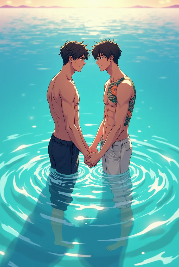 Two boys swimming，Raised sexy，Spring water，