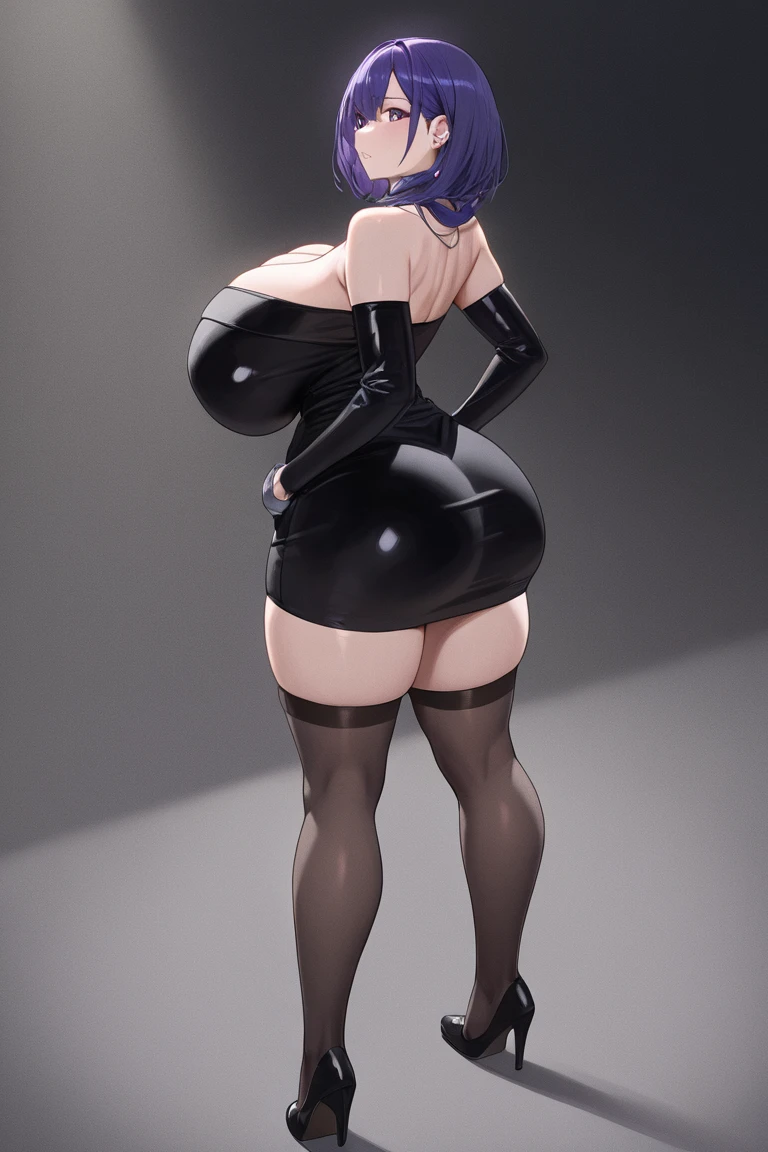 Single boy, Anime boy, Short, Long white hair, wolf ears, wolf tail, blue eyes, wearing black panties, thigh high fishnets, black combat boots, oversized cropped hoodie, flat chest, super flat chest, solo femboy, only one femboy ((FLAT CHEST)) solo, alone, (SOLO)(ALONE) thicc thighs, wide hips, blue eyes, perfect eyes, perfect face, pouty lips, happy, curvy, sparkly blue eyes, wearing large round glasses, facing away from camera, blushing
