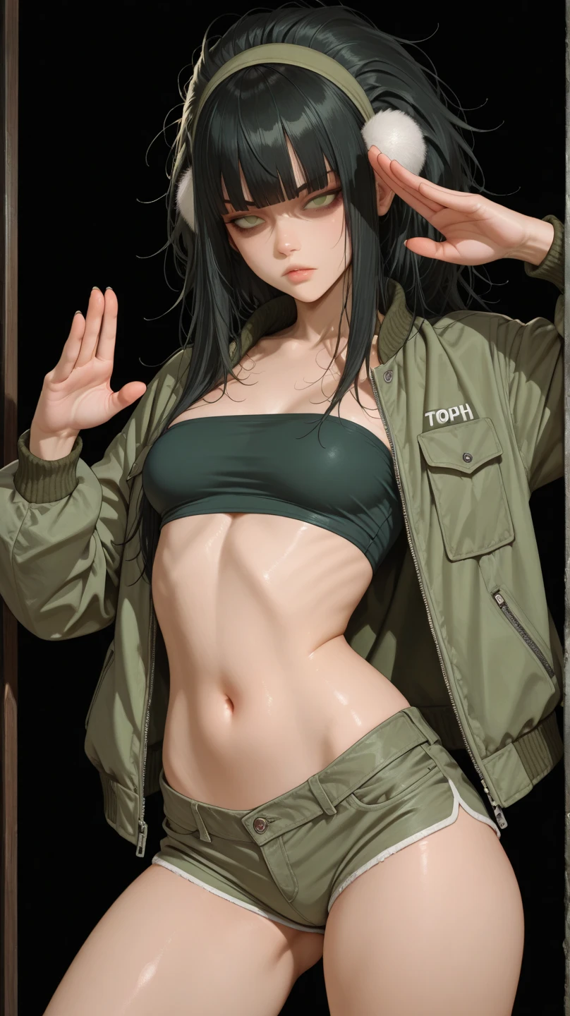 Ultra-detailed, toph beifong, adult , green jacket open , white sport bra , black sexy dolphin shorts , medium breasts voluptuous body , gym . Disappointed face ,blush, sexy, bedroom, sexy