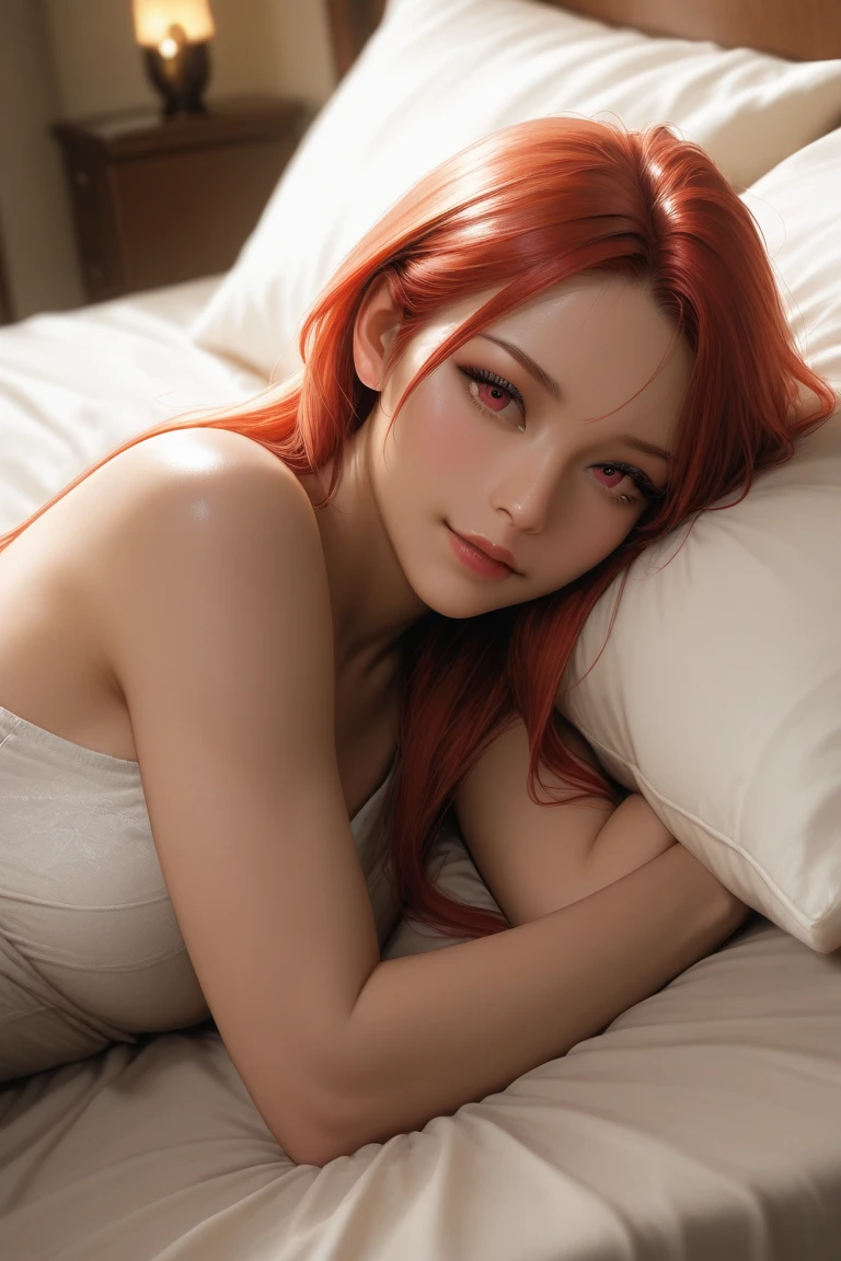 Create a high-quality, detailed image of a sexy anime lofi girl with long red hair, beautiful eyes, laying down in her cozy gaming room. She is wearing a see-through tank top, showing her breast. She also has on sexy sleep shorts. The warm, inviting scene includes soft ambient lighting and a comfortable setting. The room is illuminated by a small lamp, creating a serene and intimate atmosphere with a touch of sensuality.