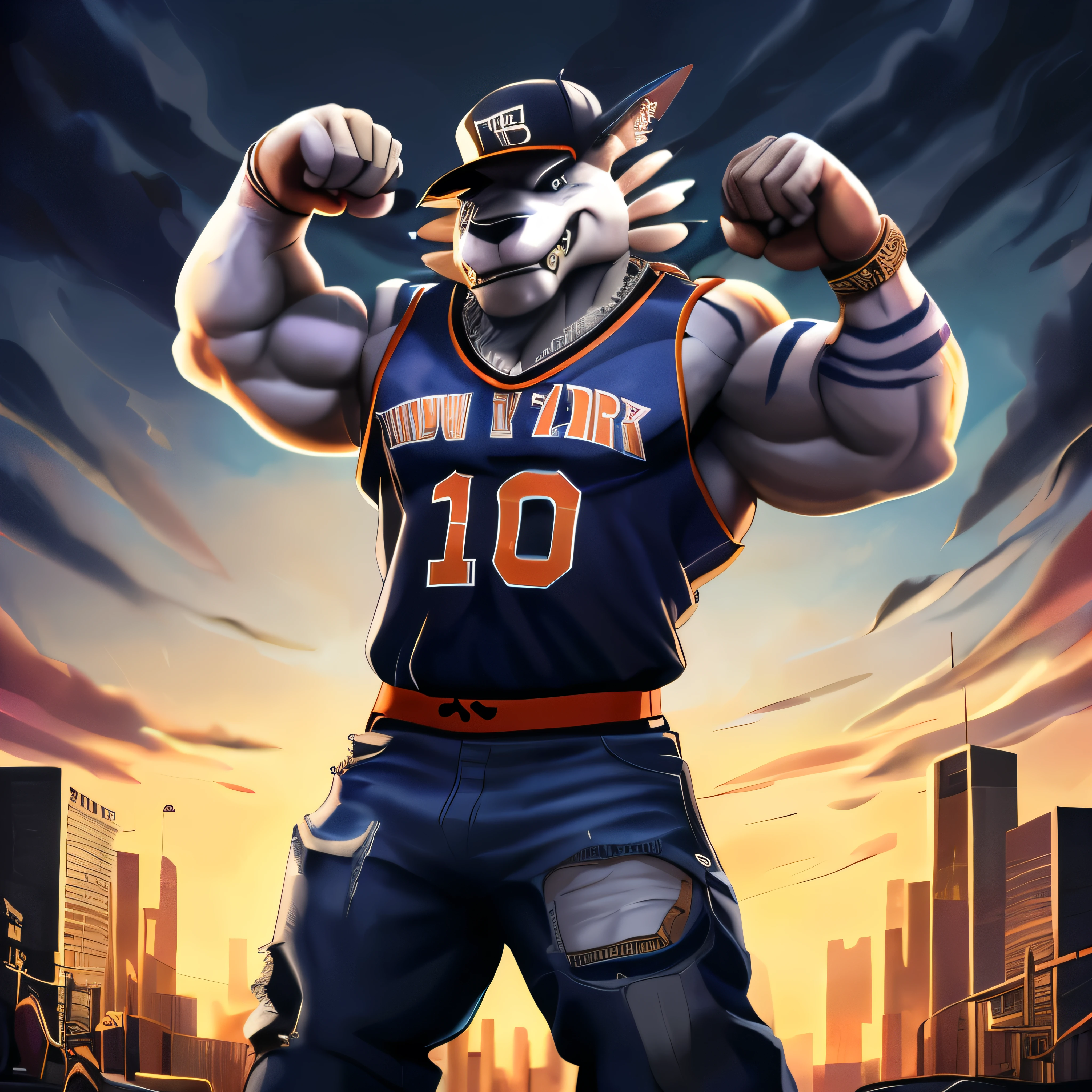 Garurumon,garurumon,digimon,,werewolf,male,aldult,alone, Solo, 4K,best quality,whole body, standing in a baddass pose.,Show arms muscles, (muscular, Athletic body:1.0), biceps, 弯曲biceps, anatomically correct,Delicate fur,pride,soft shadow, evil, crazy, maniac. (Detailed face, delicate eyes:1.1),Sharp eyes, (navy blue loose-fit knicks Ny basketball jersey):1.5 (black cap turned backward:1.5), (baggy long jeans):1.5. strong, Evil face, sharp teeth, flexing biceps. Rapper, 90s hip hop style, Ganster, urban. (Rapper thug urban americanganster outfit:1.5) blue torn baggy jeans,White skull pattern on jersey chest. Smiles evily ,Strong,mature,Dark street background,Claws. (Loose-fit clothes:1.0), (Bara: 1.1), (White eyes: 1.1), (black fur):1.5. (disheveled fur):1.5. (Rapper ganster thug outfit):1.5. (Detailed black backwards New Era cap:1.0) (detailed loose fit NBA football jersey):1.0 (New York Knicks jersey clothing)