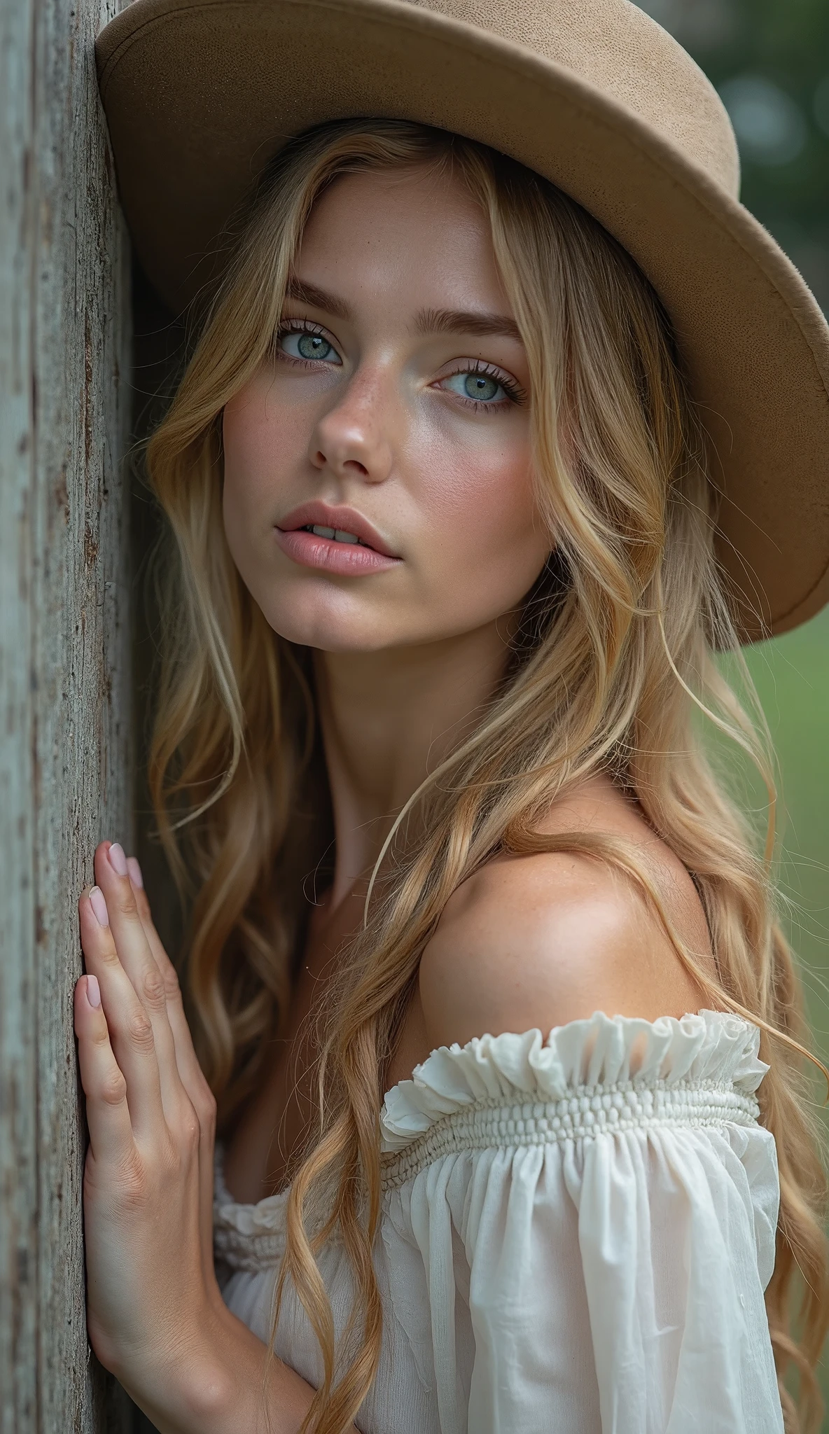 (4K), (Highest quality), (Best details), (Realistic)、The Great Dust Bowl、Endless cornfields of the Great Plains、Beautiful American girl living in an abandoned hut、shabby、Sweat、Silver Hair、Blue Eyes、Straw hat、Completely ?????、Pussy、share、Frugal makeup、