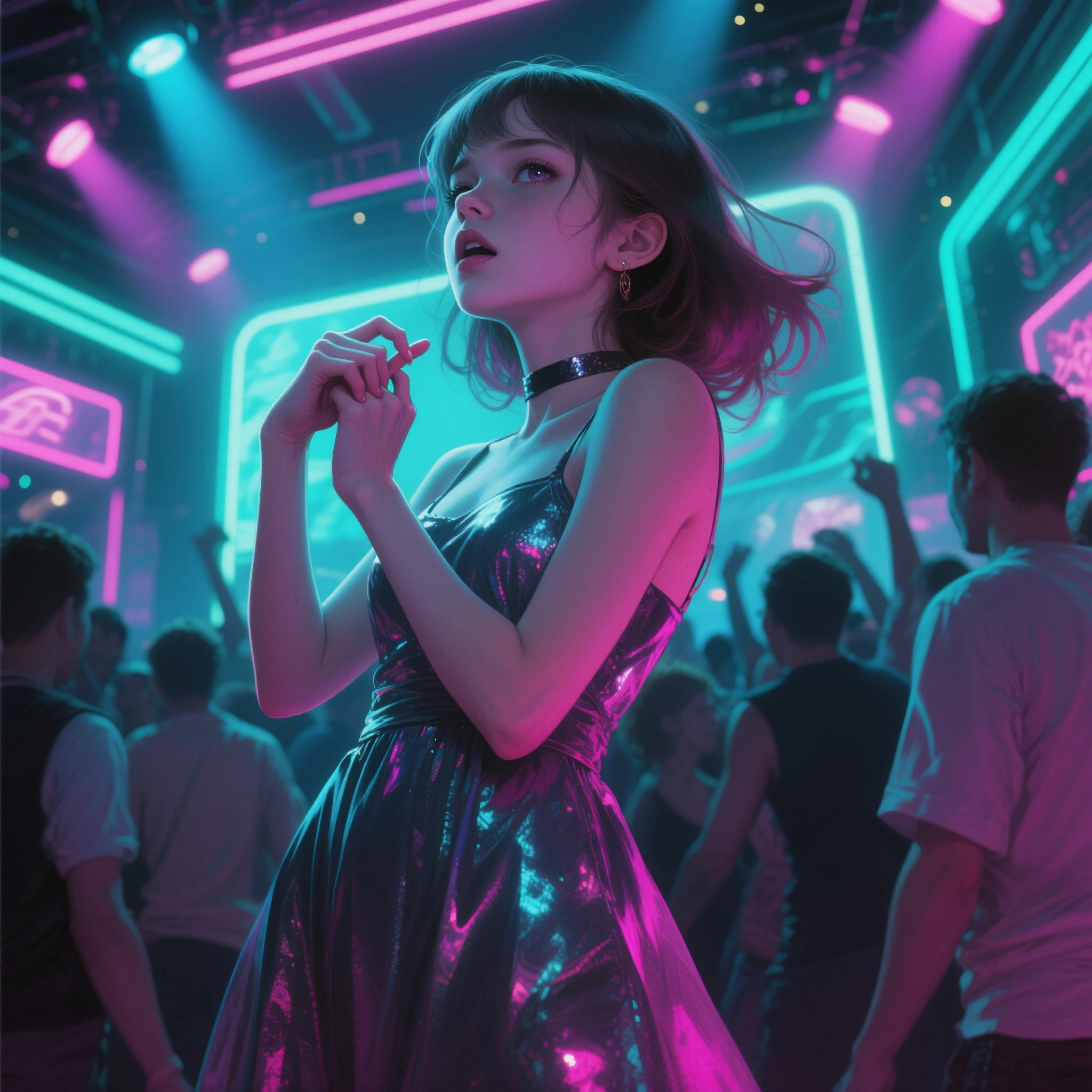 score_9, score_8_up,score_7_up, masterpiece, best quality, perfect anatomy, very aesthetic, official art, 8k,Ama Liu, sensual, A Discerning Eye, dominant, upper body, Female DJ, colorful clothes, Bizarre, bright appearance, Playful accessories, creative, creative, sensual, spontaneous, DJ Headphones, Mixing console, Music Club, night club, Independent theaters, People dancing on the dance floor, underground night club, high quality, skin texture, complex parts, (cinematic lighting), photo in RAW format, 8 K