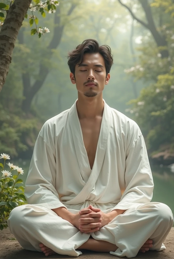 illustration that evoke stoicism  men from 25 years old, shirtless, barefoot, strong, slim body  Style: Japanese minimalism, with clean lines and negative space to emphasize calm and serenity. Color palette: Soft, natural tones (pale green, white, gray) to convey peace and harmony. Expression: A relaxed face, with eyes closed and a slight smile on the lips. Hands resting on the lap,  complete relaxation. Setting: A bamboo  forest with dappled sunl