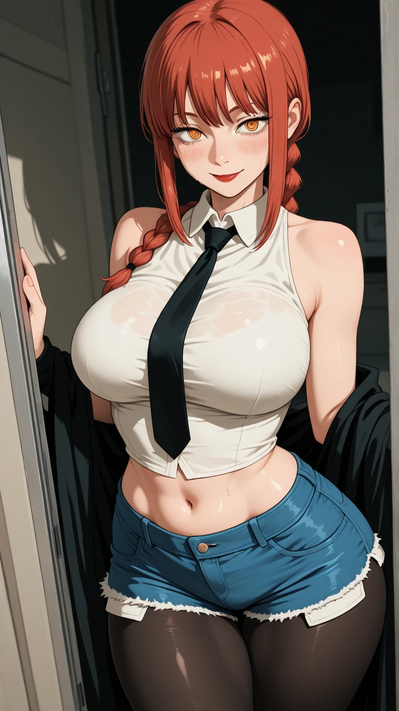 1girl, solo, mole above mouth, earrings, red eyes, jewelry, makeup, lipstick, looking at viewer, necktie, red hair, asymmetrical hair, blurry, food, red necktie, stud earrings, mole, blurry background, red lips, nose, day, shirt, upper body, lips, mouth hold, eyeshadow, depth of field, short hair, outdoors, mascara, medium hair, big breasts, fat breasts, thick thighs, best quality:1.3), (4K quality), ashe overwatch , ((detailed face)),((smile)), ((curvy body)), (big breasts), sexy, (( cut hair )), ((thong pants cleavage)), ((blue sky)), ((leaning forward)), looking at viewer, necktie, white hair, asymmetrical hair, blurry, food, red necktie,