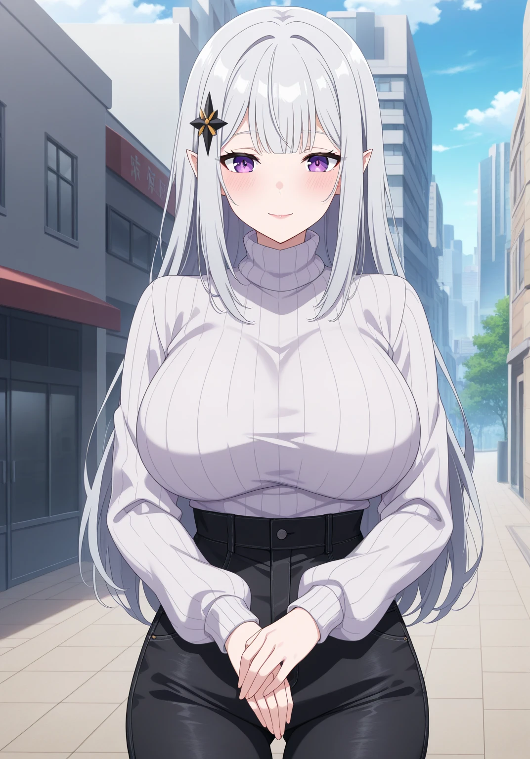 a woman wearing casual clothes in a city at night, silver hair, purple eyes