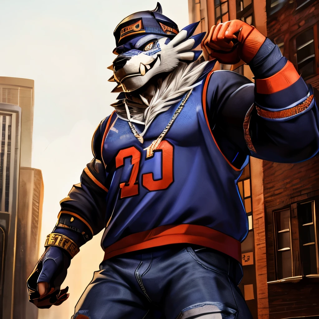 Garurumon,garurumon,digimon,,werewolf,male,aldult,alone, Solo, 4K,best quality,whole body, standing in a baddass pose.,Show arms muscles, (muscular, Athletic body:1.0),  biceps, 弯曲biceps, anatomically correct,Delicate fur,pride,soft shadow, evil, crazy, maniac. (Detailed face, delicate eyes:1.1),Sharp eyes, (navy blue loose-fit knicks Ny basketball jersey):1.5 (black cap turned backward:1.5), (baggy long jeans):1.5. strong, Evil face, sharp teeth, flexing biceps. Rapper, 90s hip hop style, Ganster, urban. (Rapper thug urban americanganster outfit:1.5) blue torn baggy  jeans,White skull pattern on jersey chest. Smiles evily ,Strong,mature,Dark street background,Claws. (Loose-fit clothes:1.0), (Bara: 1.1), (White eyes: 1.1), (black fur):1.5. (disheveled fur):1.5. (Rapper ganster thug outfit):1.5.    (Detailed black backwards  New Era cap:1.0) (detailed loose fit NBA football jersey):1.0 (New York Knicks jersey clothing)