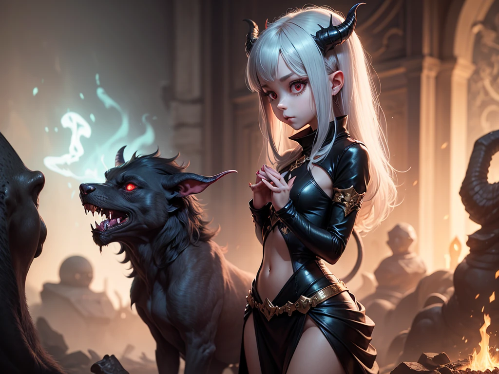 Woman in dress with open back、Red eyes、Sharp eyes、big eye、Tattoo of an ogre on the back、Silvery hair、Long messy hair、large fissure mouth、big eye、large full breasts、Rear view、