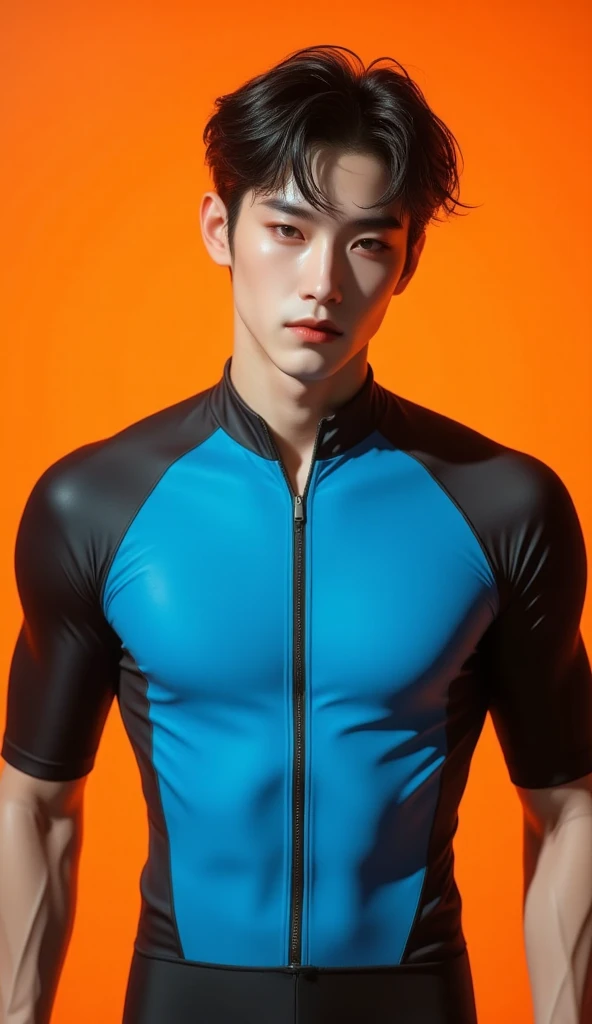 Korean, latex、hero costume , Sports Racing Competitive One Piece Swimwear、The legs are also visible, bulge , whole body , realistic handsome Korean face , Natural Muscle , Beardless face、masterpiece、High resolution、Hyperrealism、Detailed face、alone、male、Glowing Skin、(Asian)、(young、teenager)、good looking、Detailed Background、good looking