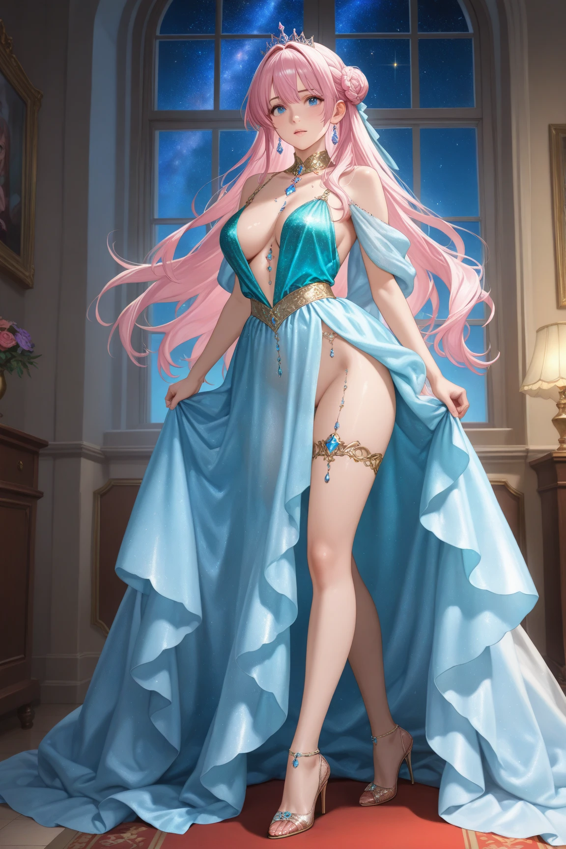 shikimori, medium breast, slim legs, blue gown, navel, skirt, standing, beautiful eyes, blue eyes, happy, arabian belly dancer, bed, lying, full body