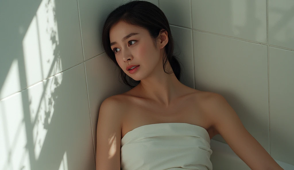 (masterpiece:1.3, top-quality, ultra high resolution, ultra detailed), (realistic, photorealistic:1.4), beautiful illustration, perfect lighting, natural lighting, depth of fields, nsfw, beautiful detailed hair, beautiful detailed face, beautiful detailed eyes, beautiful clavicle, beautiful body, beautiful chest, beautiful thigh, beautiful legs, beautiful hands, shiny skin, looking at viewer, face focus, upper body, 1 girl, high school girl, (perfect anatomy, anatomically correct, super detailed skin), cute and symmetrical face, perfect face, perfect eyes, (long hair, straight hair, dark brown hair), hair between eyes, emerald green eyes, big eye, long eye lasher, (medium breasts, seductive thighs), babyface, slender, outstanding style, ((detailed cloth texture, naked light pink towel, sweaty)), (beautiful scenery), evening, ((outside shower room)), standing, (upper eyes, embarrassed),