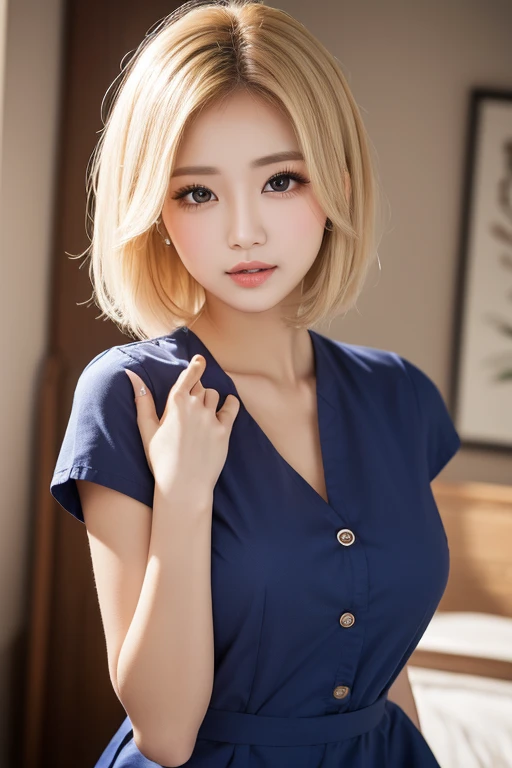 (8K, RAW Photos, Highest quality, masterpiece:1.2), Super detailed, Ultra-high resolution, (Realistic, Photorealistic:1.37), High-definition RAW color photos, Professional photos, Very delicate and beautiful, Very detailed, 8k wallpaper, (Beautiful and detailed eyes)、(Beautifully detailed face),Anatomically correct body shape, Professional Lighting,From Above,Close Up, one person,woman、Japanese、Age 28, Blonde Hair,Short Hair、 (A shy smile:1.3), Fine and beautiful skin、Skin Texture、 (Slim waist:1.2)、(E cup bust:1.21), (secretary,navy Blue,Long sleeve,suits:1.3),(mini skirt:1.25), (Emphasize the cleavage:1.1),sitting, Sharp focus、The background is a real company