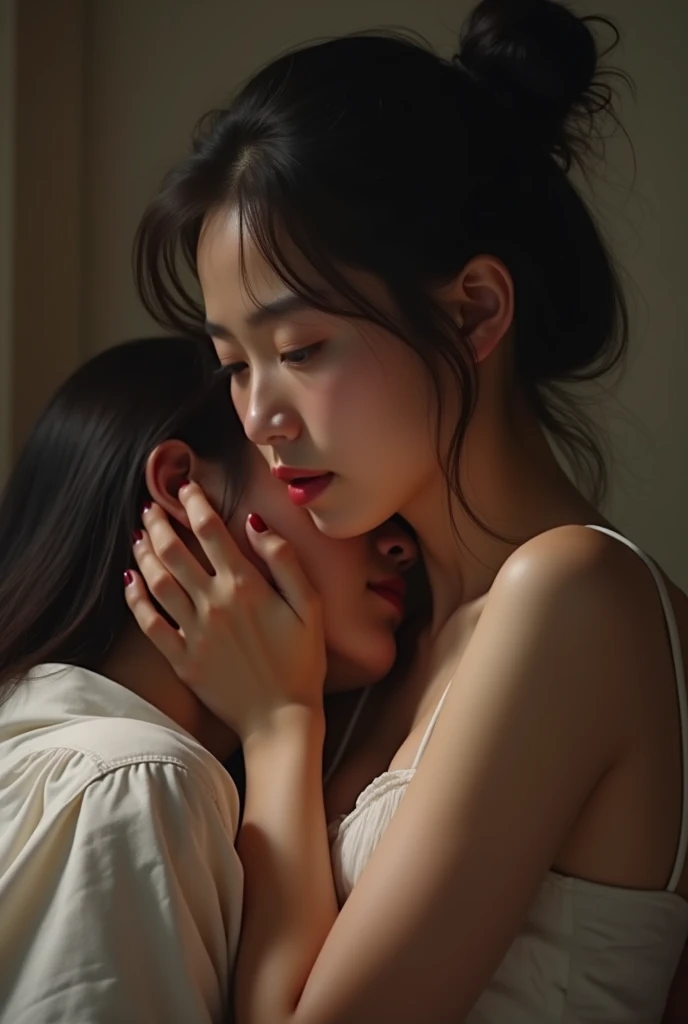 Korean girl kissing herself on the mirror taking selfie