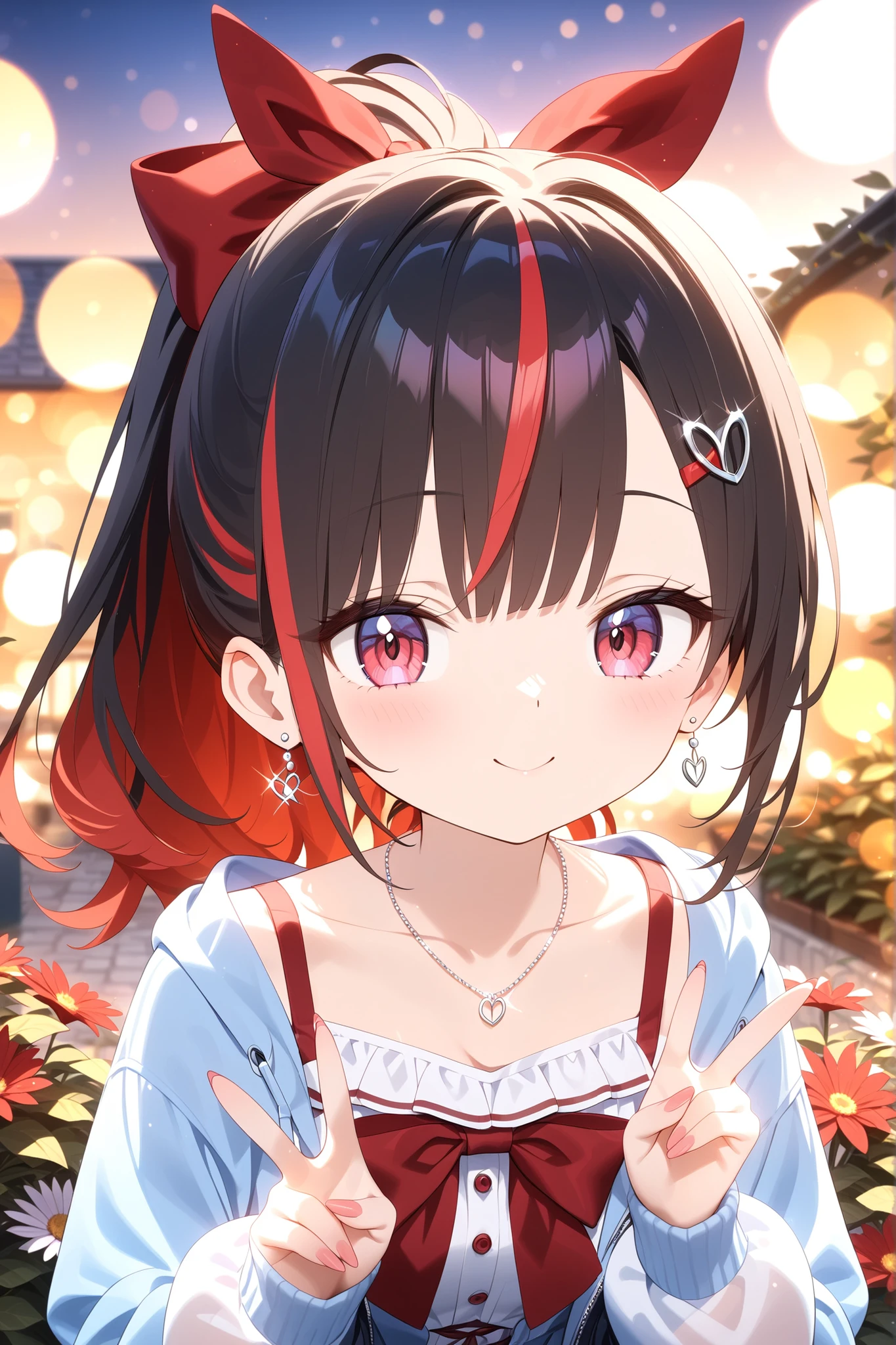 Gal、hair streaked hair、ponytail、big red ribbon、cute、peace sign、 silver earrings and necklaces 、high quality、4K、Real Photos、Precise Details、A well-shot portrait、Studio Lighting、Extreme Details、professional、vivid colors、Bokeh、Outdoor Garden、Evening Light、warm atmosphere