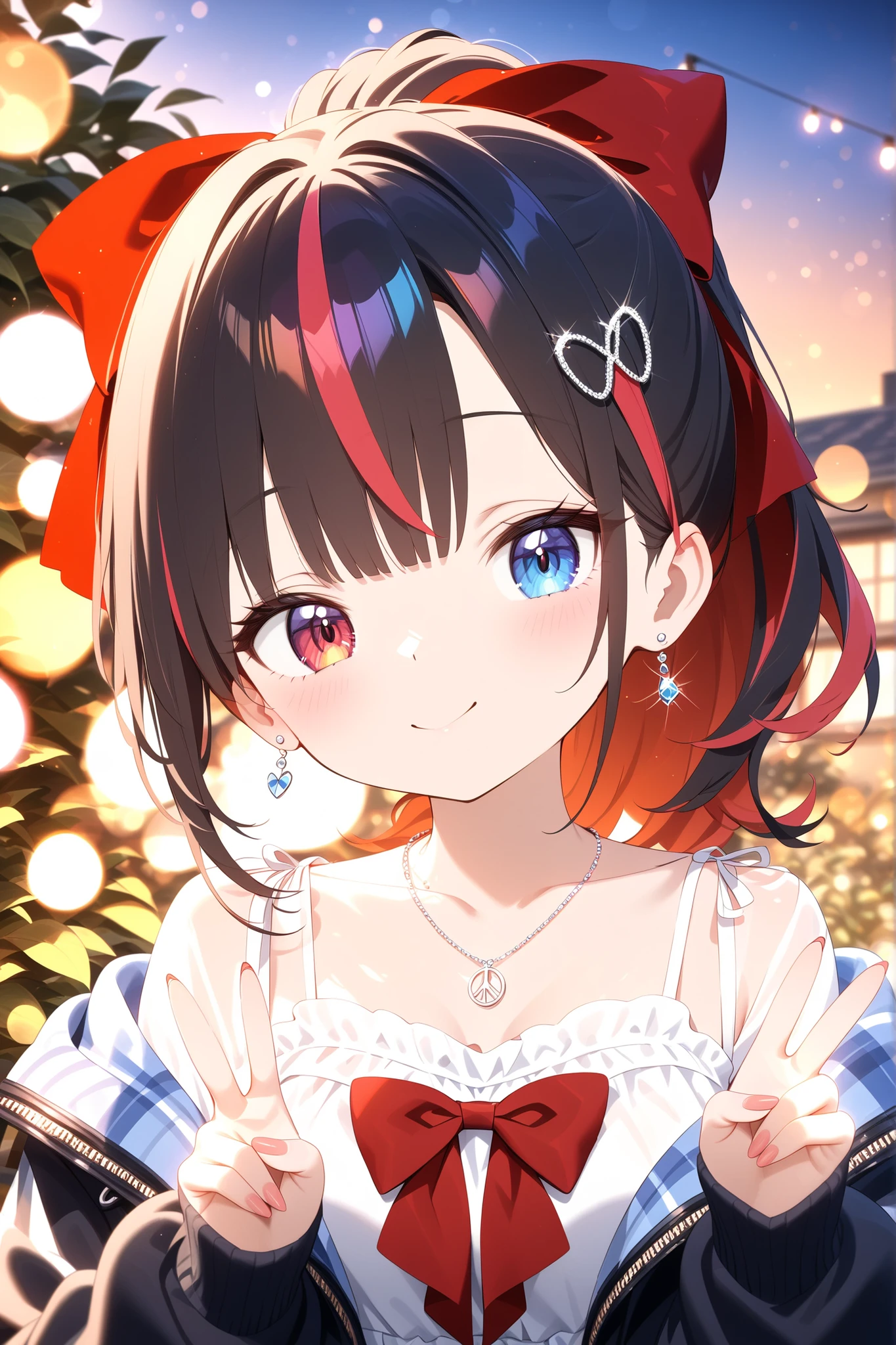 Gal、hair streaked hair、ponytail、big red ribbon、cute、peace sign、 silver earrings and necklaces 、high quality、4K、Real Photos、Precise Details、A well-shot portrait、Studio Lighting、Extreme Details、professional、vivid colors、Bokeh、Outdoor Garden、Evening Light、warm atmosphere
