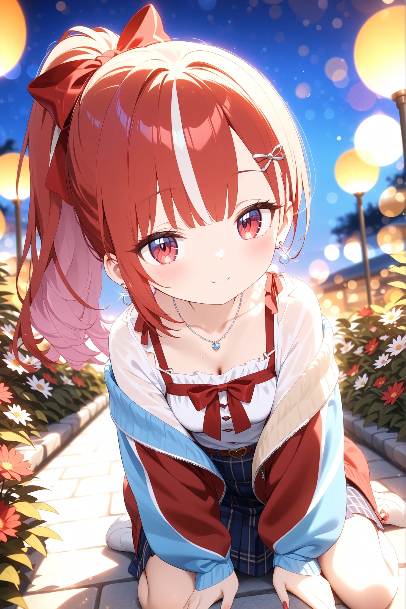 Full Body、Gal、hair streaked hair、ponytail、big red ribbon、cute、 silver earrings and necklaces 、high quality、4K、Real Photos、Precise Details、A well-shot portrait、Studio Lighting、Extreme Details、professional、vivid colors、Bokeh、Outdoor Garden、Evening Light、warm atmosphere、piece