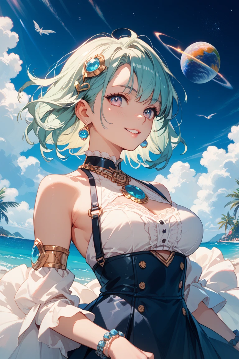 (((Masterpiece)), (((Highest Quality)), (((Very delicate and beautiful)), (Highly detailed CG Unity 8K wallpaper: 1.3), Very delicate light, (Backlight), (Steampunk),
/=、
(Cowboy Body)), (1 Loli: 1.3), Solo, (Petite), (Small), Neon Pink Sunglasses, Swimsuit, High Waist Shorts, White Hair, Blue Eyes, Earrings, (Wavy Curly Short Hair), (Ahoge), (Cute Face: 1.114), (Fine Eyes: 1.15), (Cute Face: 1.114)
, (beautiful fine eyes and beautiful face: 1.15),
The girl is smiling and looks happy in a beautiful tropical landscape. Behind her, the sun is setting, casting a warm glow on the scene, creating a dreamy atmosphere. In the distance, palm trees sway in the breeze, creating a leisurely retro atmosphere, such as sand, sun, beach, sea, horizon, etc.
Highly detailed ray tracing