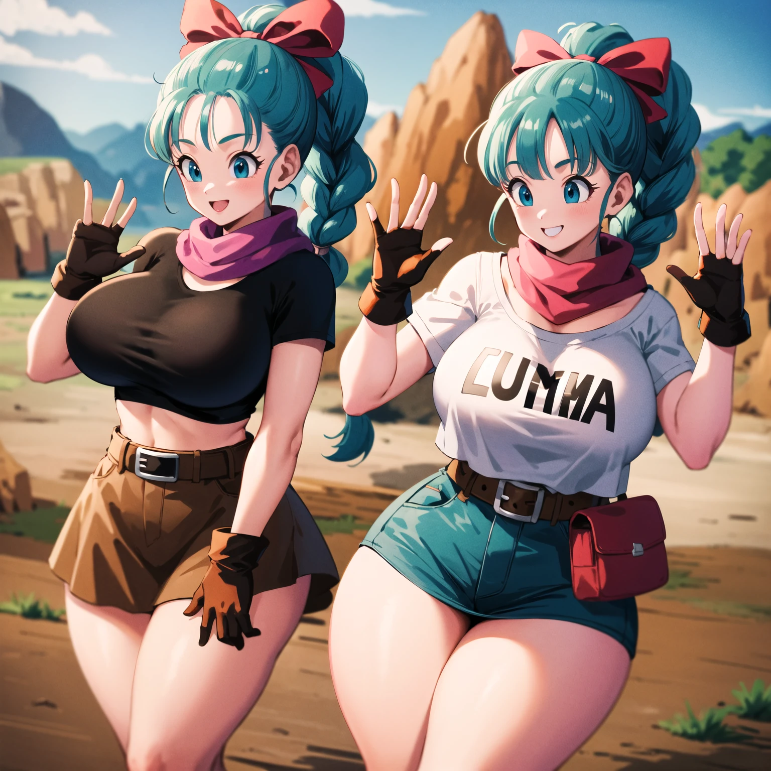 masterpiece, best quality, high resolution, dragon ball, blmpony, aqua hair, hair ribbon, braided ponytail, pink shirt, belt, scarf, pink skirt, clothes writing, brown gloves, ultra mini pink dress,  showing ass ((half naked))) smiling, forest background. 