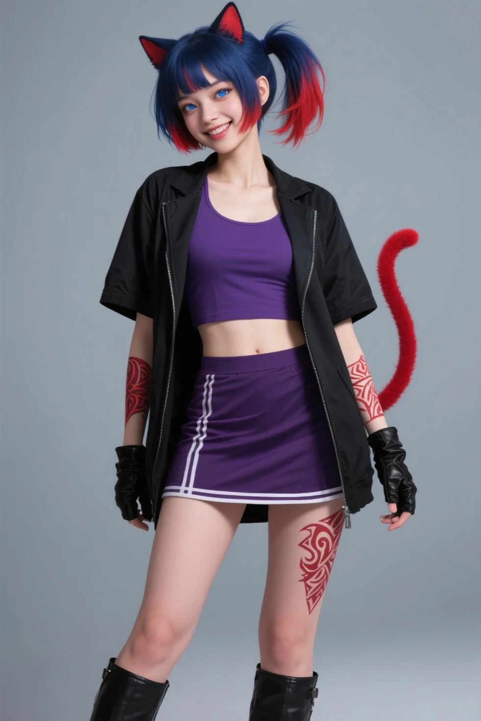 boy, toned, sharp big cat ears, cat tail, big black messy hair, extremely vibrant red eyes, HD, masterpiece, vibrant, thong, slim dark black hoodie, full body view, neutral face, black thigh socks, combat boots.