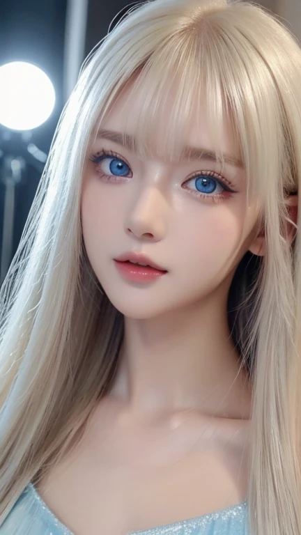 A very cute blonde beauty、Very beautiful bright pale light blue large eyes、Very big eyes、Gloss Face、Snow-white glossy skin、Cheek gloss highlighter、Super long hair、Ample Bust、Beautiful long bangs、Small Face Beauty、round face、eyeliner