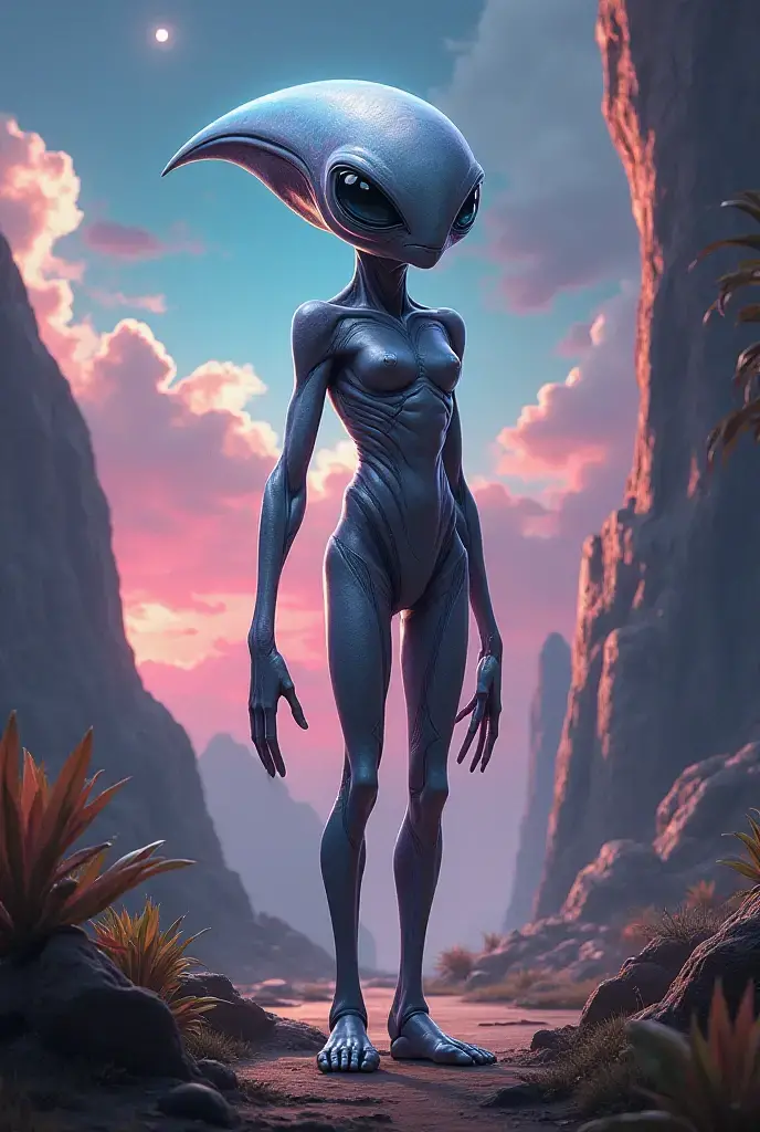(((Masterpiece))), (high quality),(one alien girl:1.2), 15 years old,(innocent smile),5 heads,(Skinhead,Gray aliens,Large, dark, almond-shaped eyes,:1.2),(No hair, no whites, no ears:1.3),(Wearing a silver body-fitting suit:1.2),(In the forest at night:1.5),(turn around:1.5)