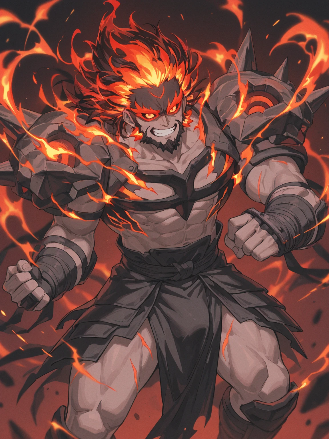 masterpiece, 8k, best quality, highly detailed, a male human warrior wearing a pair of flaming beast claws on his hands with red flames crackling around him