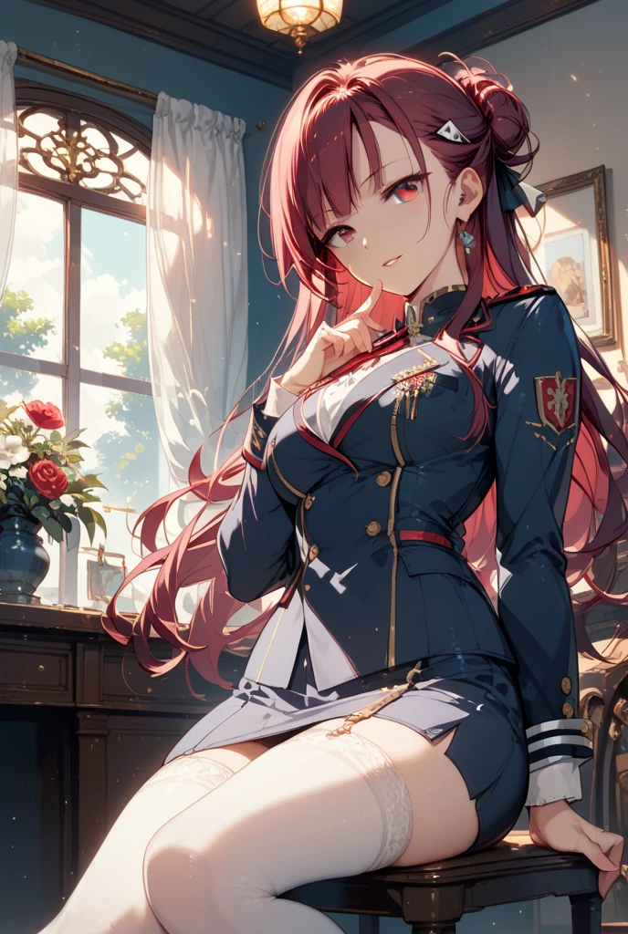 8K High Resolution、(((masterpiece)))、Anime Art、20 year old beauty、Fearless smile、Redhead short cut、167㎝、Small breasts、Blue Eyes、Imposing eyebrows、(((crimson military uniform)))、Vienna in the late 19th century、Austrian Army Officer、Silver rose ornament on chest、Beige knee-length skirt、Black boots、A Japanese sword hangs from his waist