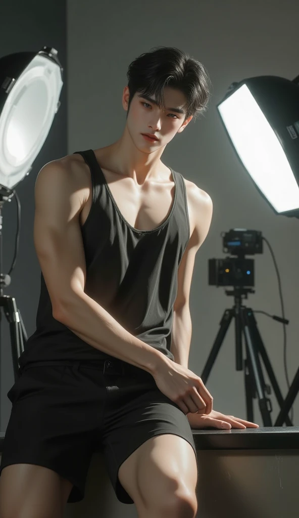 (ultra-realistic, highres ,best quality, masterpiece:1.2), asian, full body, 18-year-old male posing for photoshoot, wearing only small underwear, detailed facial features, detailed eyes, detailed hands, long eyelashes, no facial hair, young, slim physique, skinny, small build, no body hair, handsome face, backside facing, dynamic poses, stylish hair, simple background, photo studio, dramatic lighting effects