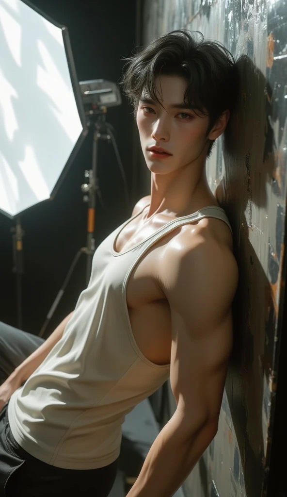 Young handsome male 20 years old slim and muscular, Found washed ashore lying on the seashore. ((Unconcious and in pain)) Eyes are closed, he is wounded and with bruises, unable to move, clothes are torn, underwear briefs, red lips with necklace. He is at mercy and needed help.