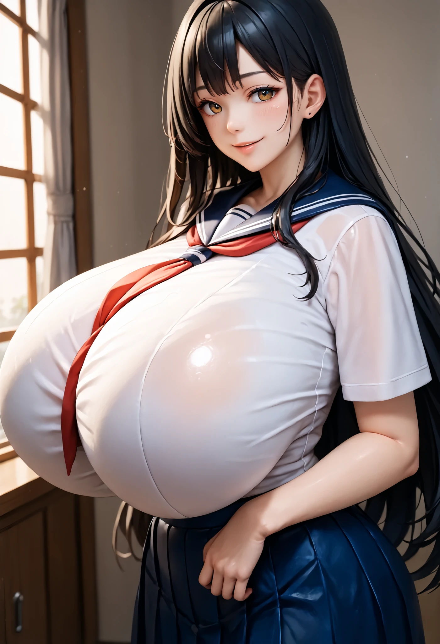 (超 high resolution, VERY DETAILED PICTURES, 8k, high resolution, absurd:1.2), Japanese woman, plump body type, (long black hair, straight hair bathed in natto, Bangs Pats), beautiful character design, perfect contrast, perfect resettlement , anatomically accurate, Beautiful and delicate eyes, perfect face, expressive eyes, Brown Eyes, Smile, (school uniform, Sailor skirt), (saggy huge breasts), (wide hips), cowboy shot