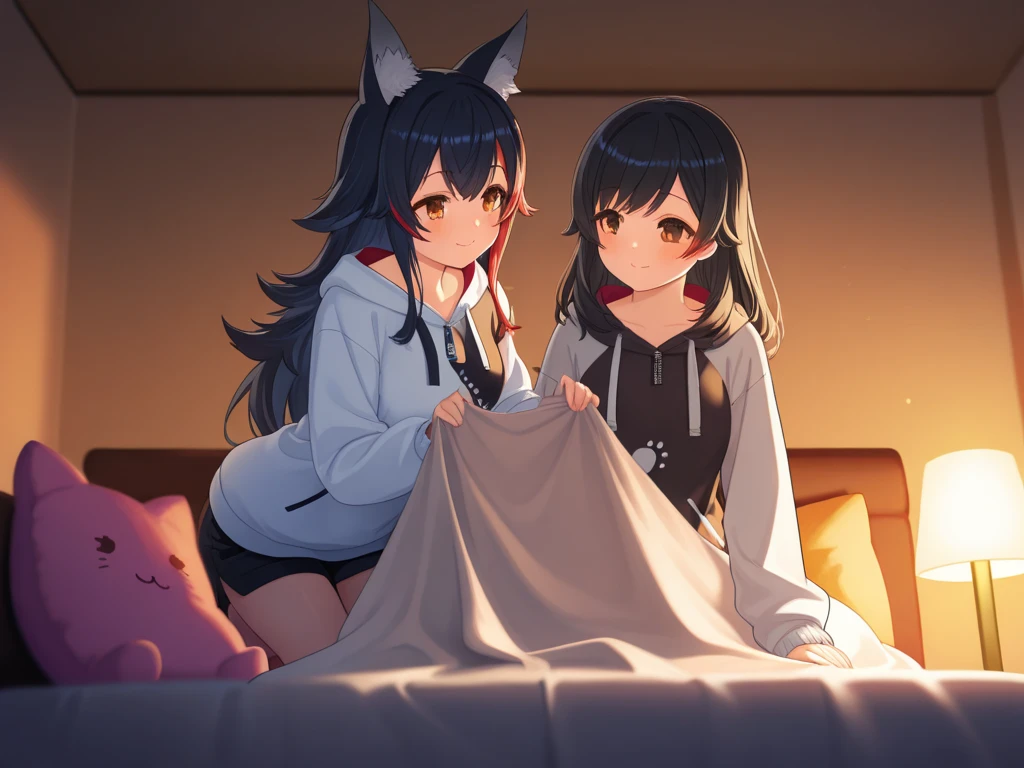 (Mood: Relaxed), (Nature: Protective and Affectionate) 2girls, Sexy anime art of two female platonic friends in a bedroom. The indigo-haired woman possesses bat ears and wings. The second woman, with silver hair tied in a ponytail and orange eyes. (Cute: 1.8), the best anatomy, asian, cameltoe, unzoom, animal ears, large chest, glasscutters tits, tits and bits, (platonic: 1.9), trust, (couch, pillows: 1.9), close friends, open mouth, cleavage, ((((masterpiece)))), ((best quality: 1.2)), (playfulness: 1.9), (((from above))), ((((best proportions)))), (sisterhood: 1.7) (white oversized unbuttoned shirt: 1.9), (nighttime: 1.9), (light off: 1.6), (((darkness))), pillows, beautiful legs, beautiful arms, arms up, (oxytocin: 1.6), sharing warmth, (coach: 1.8), (bonding together: 1.9), (care: 1.8), (lap pillow 1.6), (skinship: 1.8), (cute panties: 1.9), (sleeping together: 1.9), (holding affectionately: 1.8), (bare belly: 1.9)