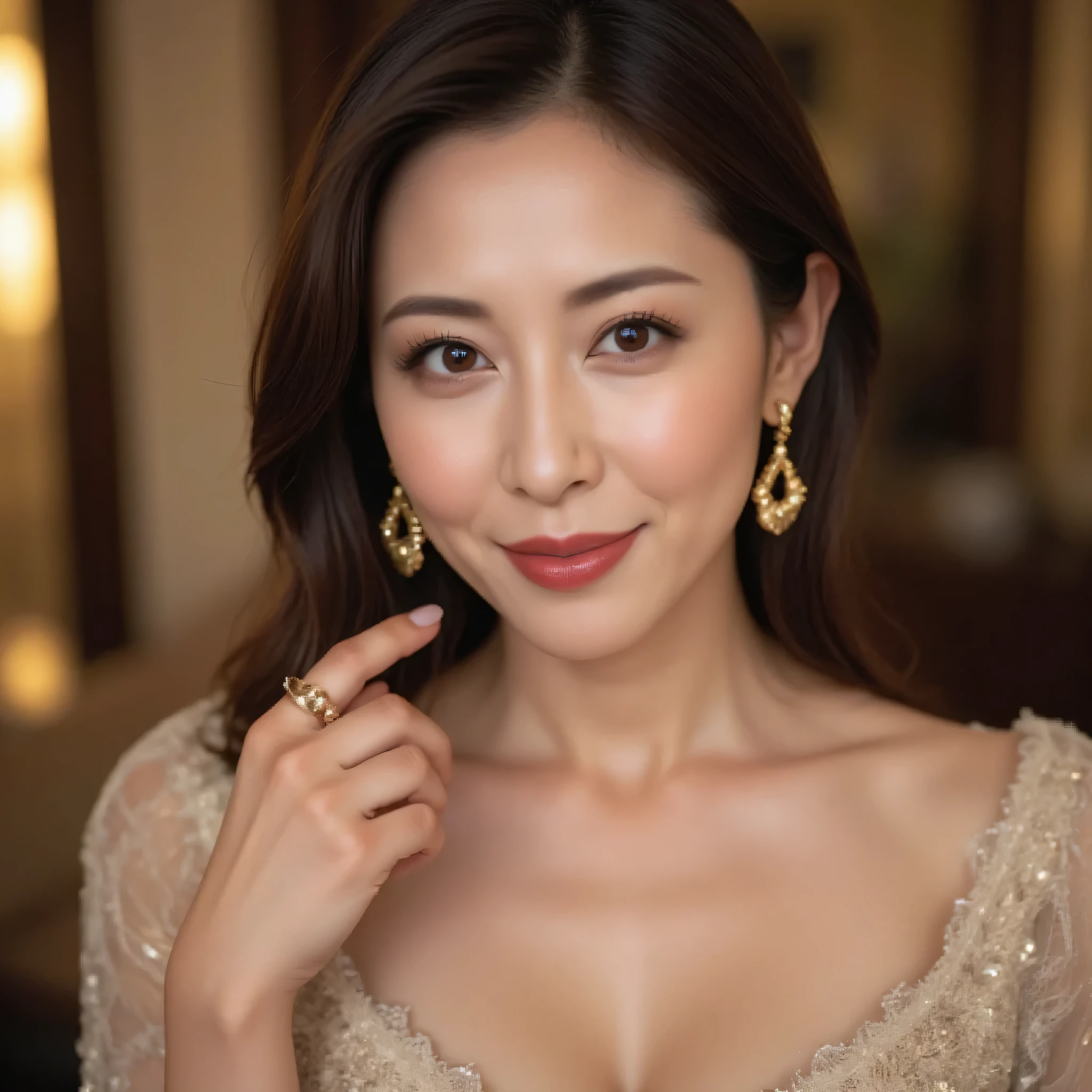 Close-up of glamorous golden diva makeup on a 48-year-old Japanese woman. She is wearing sparkling gold-toned eyeshadow, Cheekbones sculpted with warm bronzer, and a glossy, Deep brown lip color. Her dark brown hair is styled in gentle waves, Gracefully resting on one shoulder, Accessorized with gold accessories. Her pose is poised, Her fingertips are gently touching her bold earrings, radiant elegance. The background is softly blurred with gold highlights, Reminiscent of a Hollywood gala party. (Mature Beauty, high resolution, super precise, masterpiece, hyperrealistic, ultimate beauty, sharp concentration, depth of field, movie-like lighting, physically-based rendering from I was completely naked)"