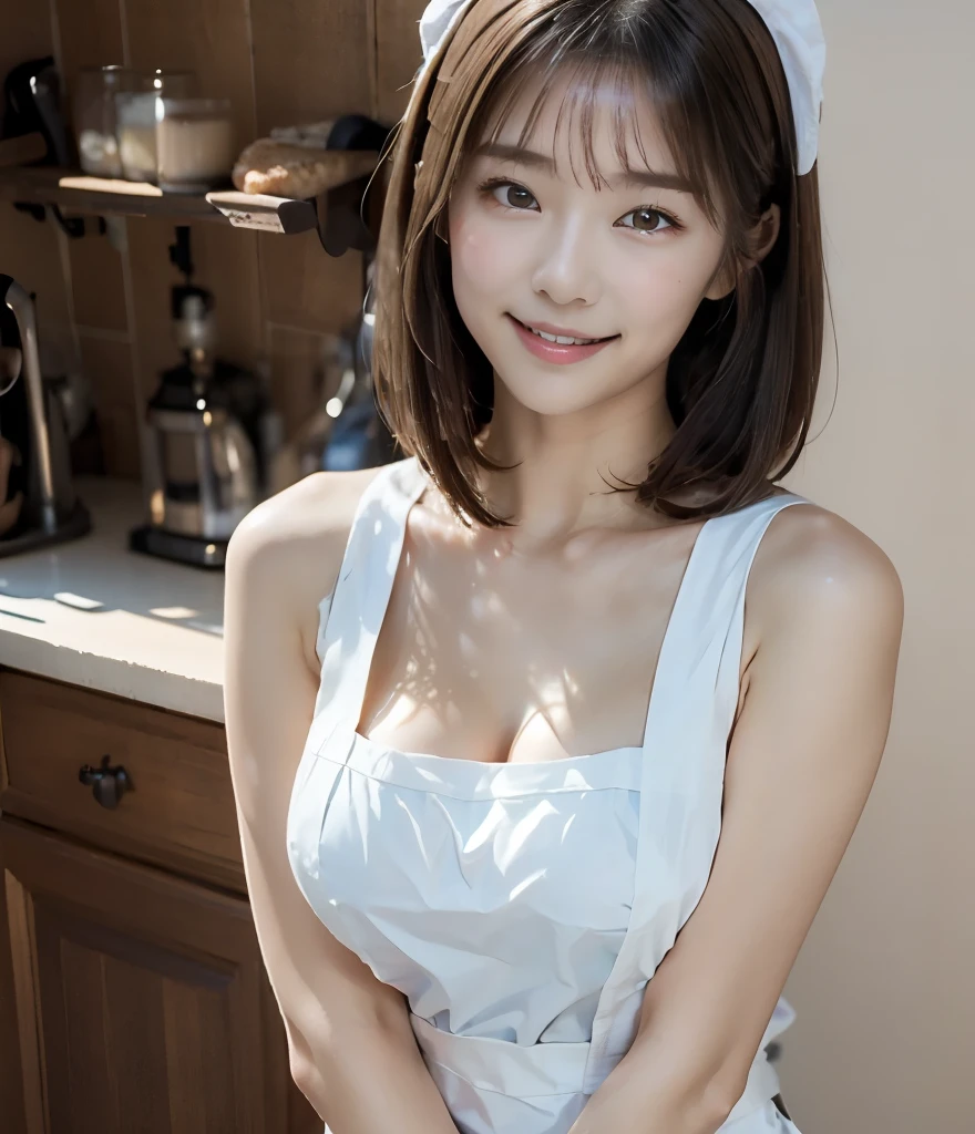 (sfw:1.8、top quality、masterpiece、 super fine)、Clear Photo、(Photoreal:1.6)、Natural Light、 Super cute 、 cute Yuki Yoda 、Baby Face、Big breasts、 Thin Waist、 VERY SHORT HAIR :1.6、brown hair、Smiling、Beautiful skin、(is naked and wearing an apron:1.4)、( horizontal:1.8、I can see the side of my chest:1.6、Horizontal milk )、 in the kitchen 、 Up to the knees :1.8、(Anatomically Perfect 、 Attractive)