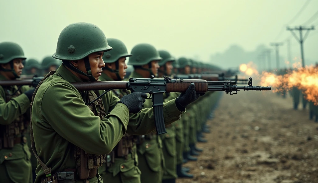 Cinematic photo of WW2 infantry combat, shooting, ground combat, scene depth, Intense atmospheric complexity, action packed composition, vignetting,
