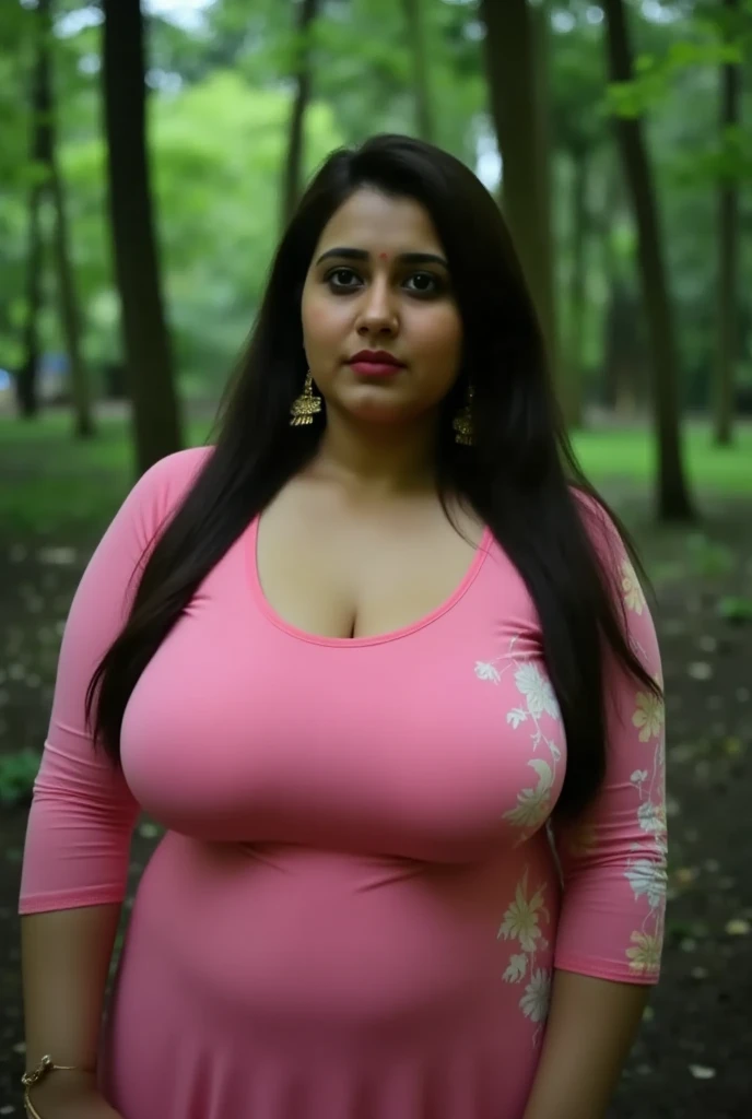 Indian beautiful woman sexy curvy plus size model wearing modern diferrent color night dress front facing to camera in standing position, curvy plus size figure,big m-cup breasts, side bun hairstyle, bright eyes, thin eyebrows, fair skin, blushing cheeks, prefect curvy body, head to thigh view,beautiful garden background,bikini