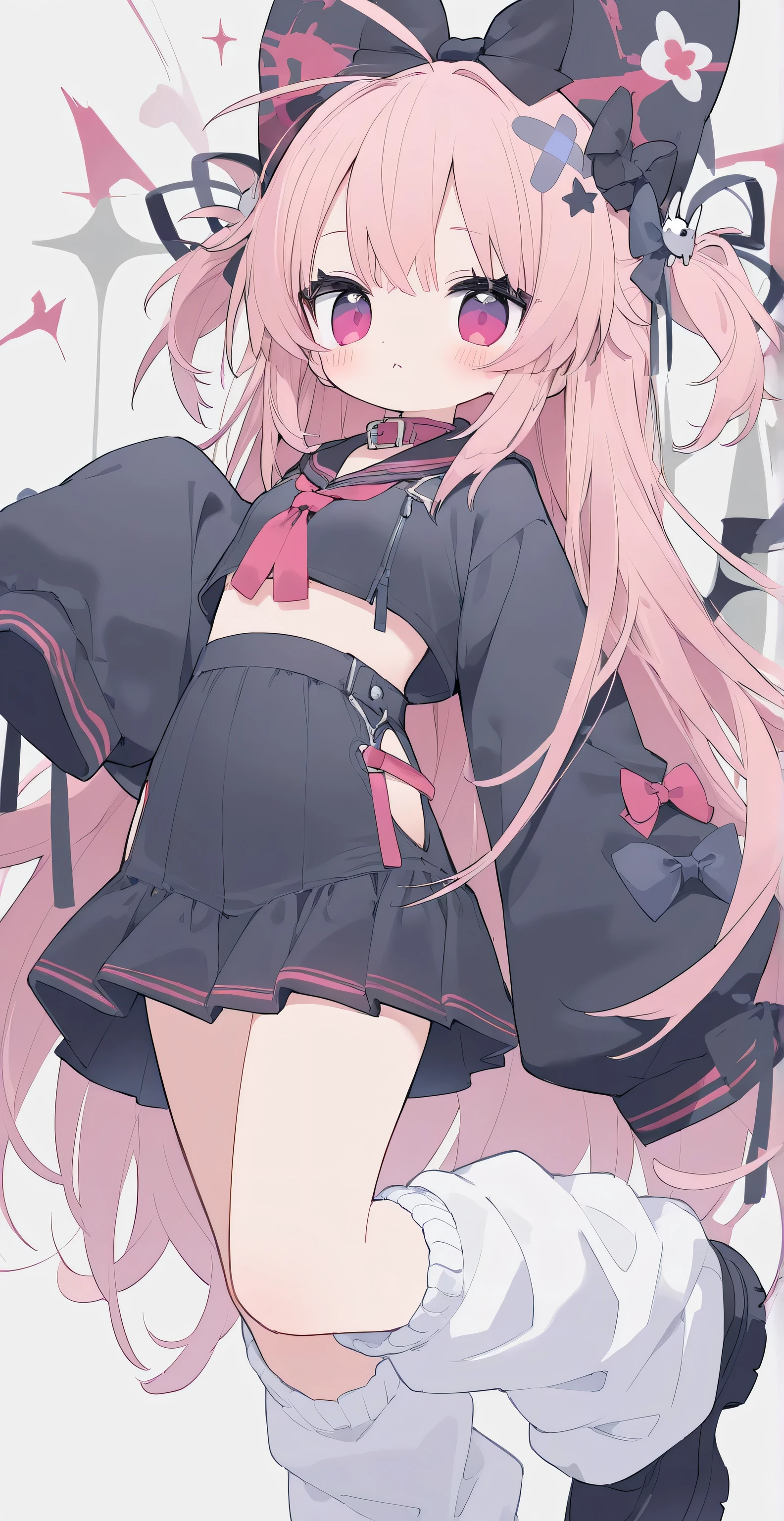 TachibanaHinano, Long hair, (split-colored hair, Black hair, Pink hair:1.3), Blue eyes, bow ribbon , White shirt, (Black bra), Pleated skirt, Miniskirt, (Best Quality, 8K, 32K, masutepiece, nffsw:1.3), 1girl in, (Abs, Slender figure, Perfect body :1.2), ((Very detailed)), (Perfectly detailed face), (Highly detailed hands), Smile, blush, White panty,up skirt,Lace panties, Girl seen from the floor, It's okay to wear a skirt, View from below, I can see my panties, cleavage cutout, Large breasts, White background,