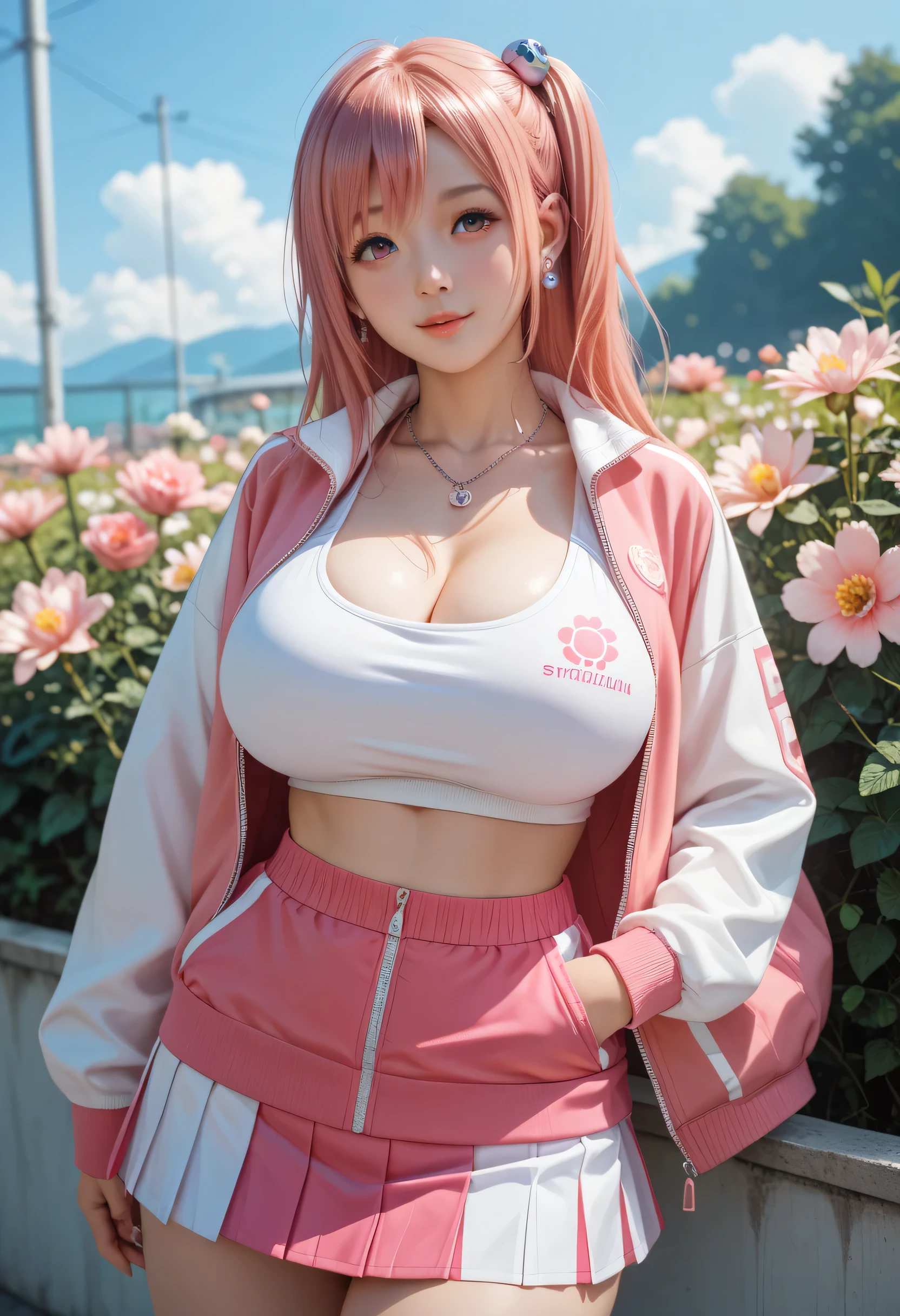 , Japanese beautiful girl, pink hair, honoka, sport jacket, micro skirt,乳沟,低胸, , earrings, necklace, flower,调皮的表情, huge breasts