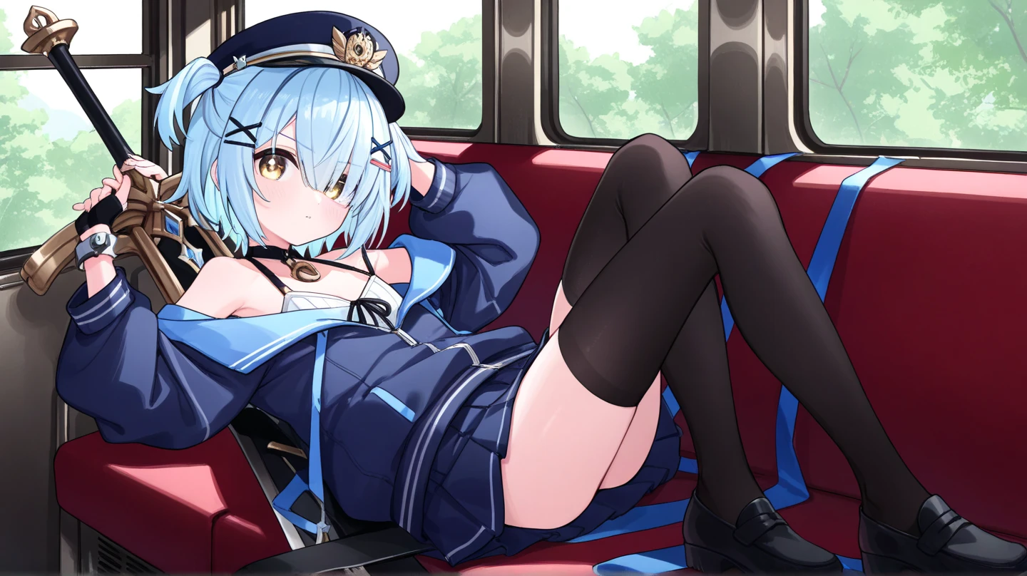 (Explicit content warning) [(masterpiece: 1.1, Highest quality: 1.1), Shy in uniform shows off, emphasize, panties, thin, Slightly 0.8. Blue Hair, Wet,
