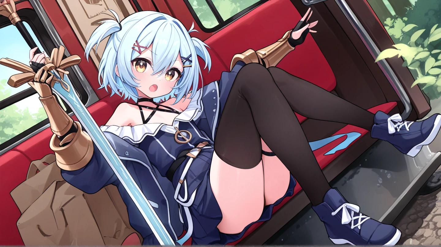 Sitting in a chair, (front view), leggings, small breasts, (spreading her legs apart), crotch, thighs,