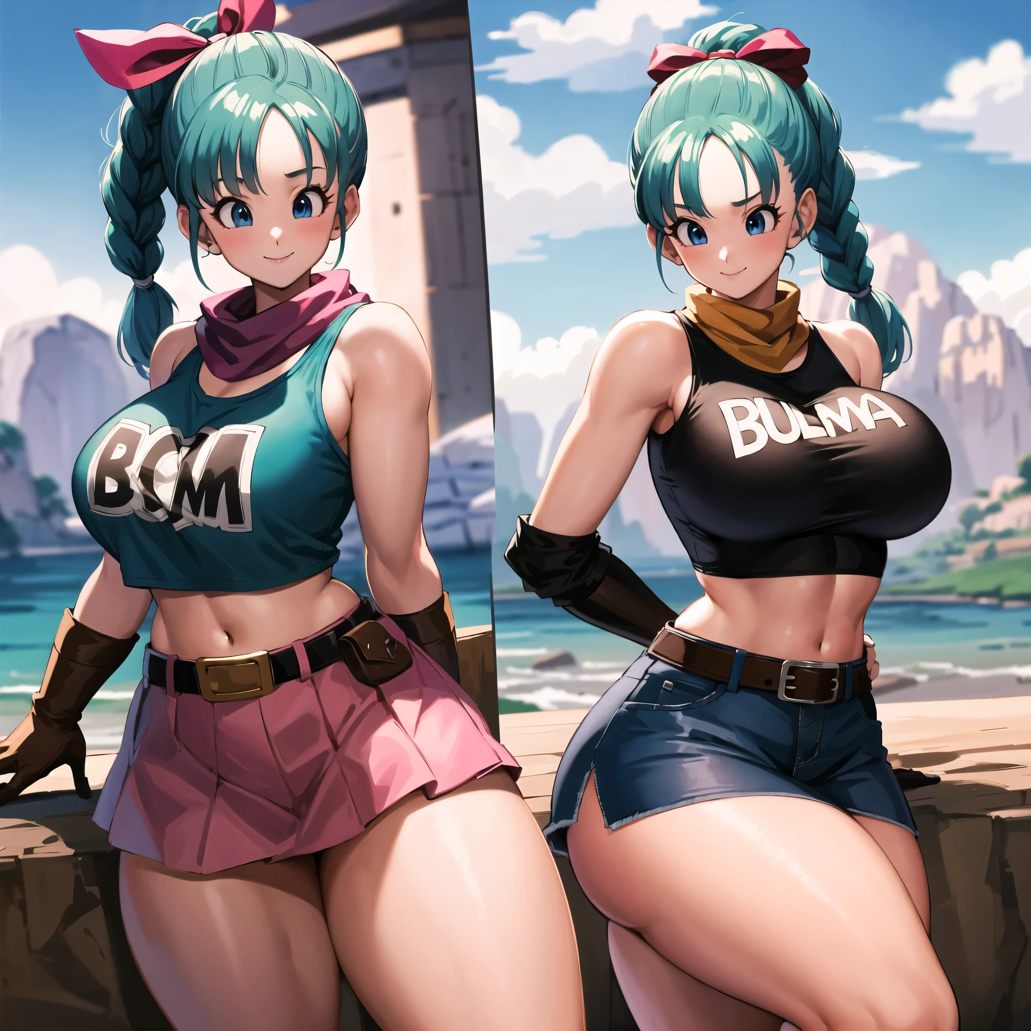 Masterpiece, Best Quality, high resolution, 1 girl, misty (dragon ball), BULMA, Alone, Bermuda, by cyan, diaphragm, bikini use, belly button, Bob hair, SMILE, outdoor, under the tits, medium breasts, Externally expanded chest,