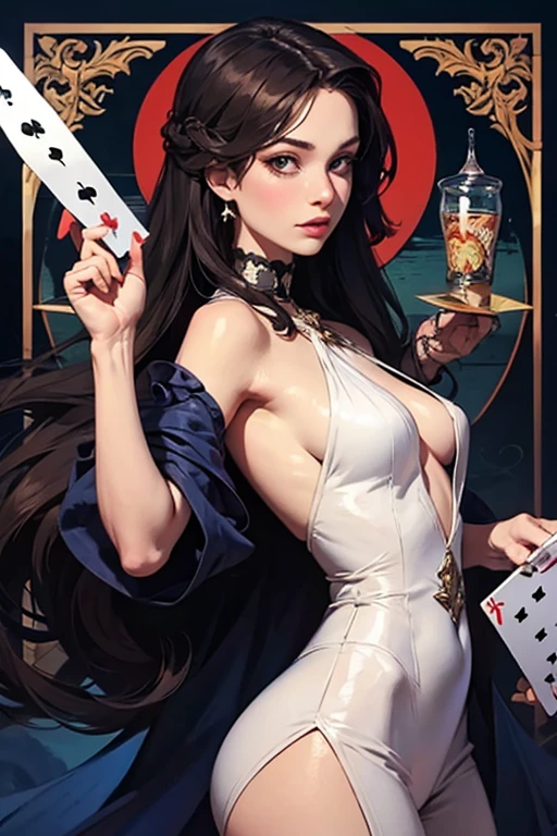 A sultry woman croupier with a seductive smile, dressed in black lingerie. She has a rich brown complexion, exuding confidence and allure. Her long dark hair cascades over her shoulders, and her eyes have a teasing, challenging gaze. She stands behind a casino table, slightly leaning forward with one hand resting on the table. Her other hand is playfully pointing towards the viewer, inviting them to join her at the table. Her expression is a mix of shy playfulness and bold temptation, creating a captivating and mysterious atmosphere, add a card "A Queen card blackjack" in her dress