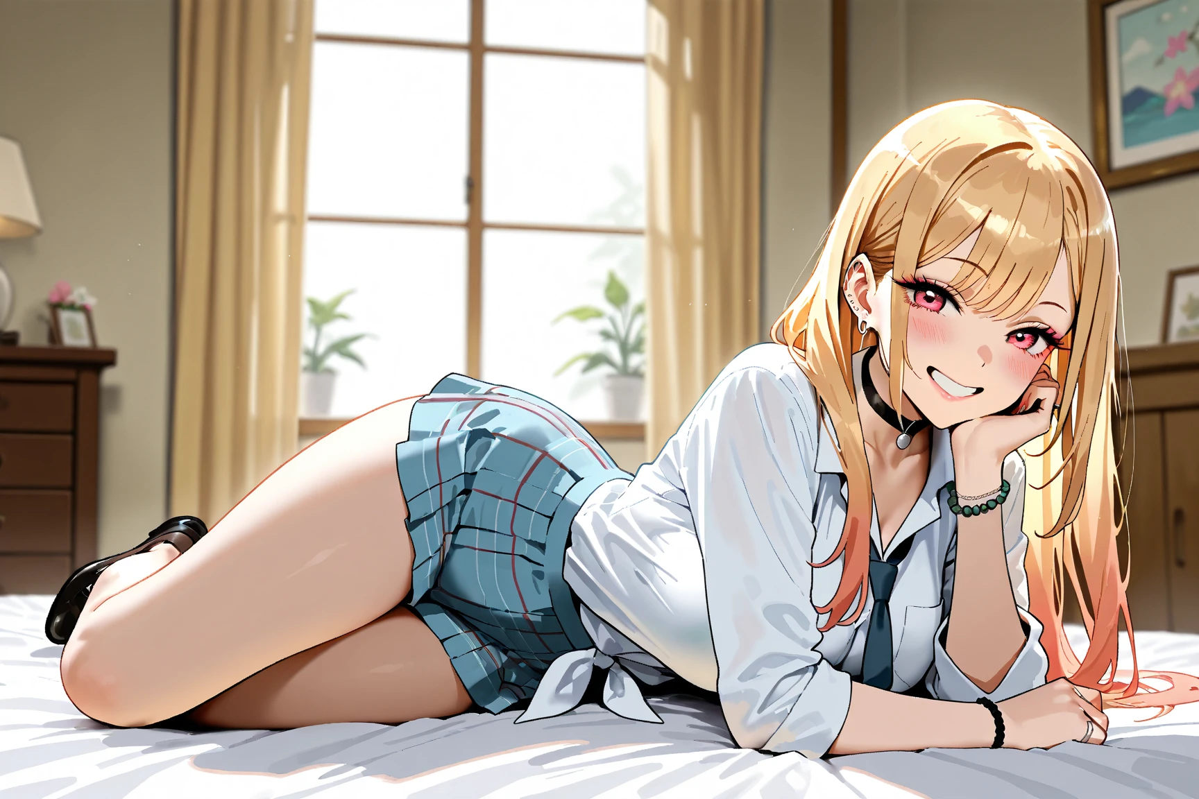 masterpiece, highest quality, High resolution, kitagawa marin sb, The centre of gravity is at the rear, 1 girl, blonde hair, long hair, colorful hair, red eyes, jewelry, earrings, earrings, , white shirt, tide shirt, black choker, blue tie, plaid skirt, (full body), Lace black panties,(lie on the bed:1.4), (spread legs:1.3), (show panties:1.3),  (panty shot:1.3), ((the chest of the shirt is open)), her room