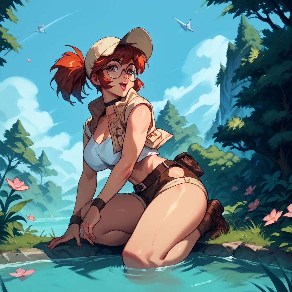 Kim possible, disney, (masterpiece, best quality, extremely detailed CG, beautiful detailed eyes, ultra-detailed, intricate details:1.2), 8k wallpaper, elaborate features, full body, (1girl, solo:1.4), ( pose:1.3) , curvy , big breastoung Ages:1.2) , wet, sweaty, see through , NSFW , pornographicsure, long hair, messy hair, ginger hair, brown eyes, ((string, thong, micro bikini)):1.3 , sunshine, clear sky , public location, torn cloth , front view , looking at viewer , bra lift , sneakers ,seductive posture, alluring, beautiful face, pale skin, short hair, shiny skin, skindentation,